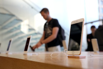 The new Apple iPhone 8 is displayed at an Apple Store on September 22, 2017 in San Francisco, Califo...