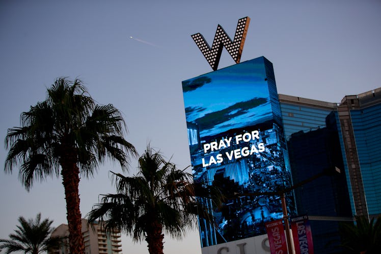 LAS VEGAS, NV - OCTOBER 2: The W Las Vegas displays a message for the victims of Sunday night's mass...