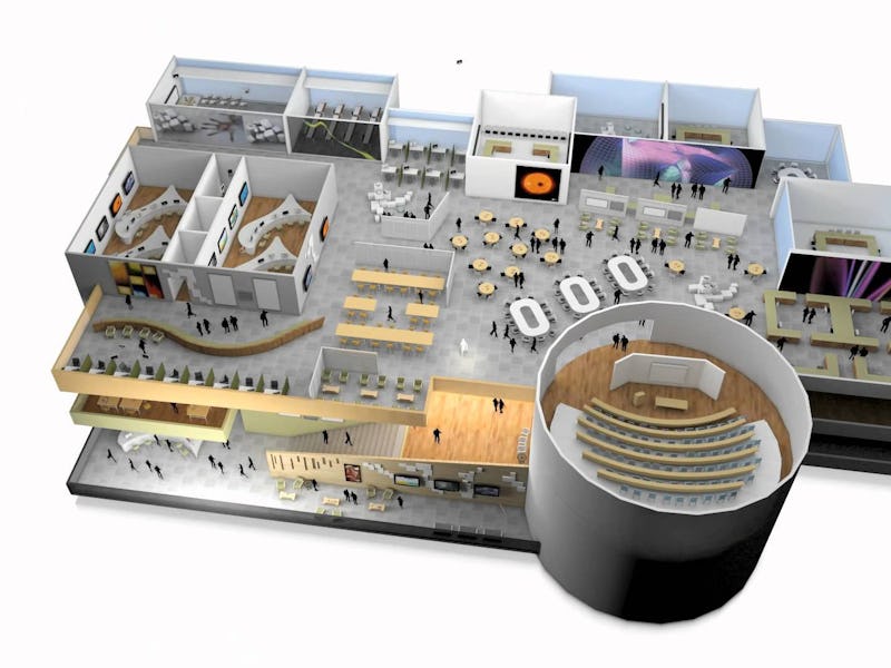 A mockup of a futuristic school with modern classrooms and two floors