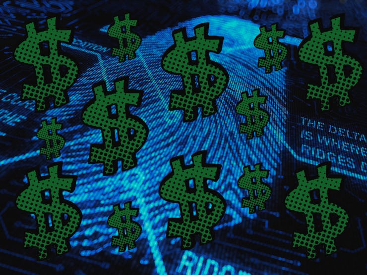 A collage with digital fingerprints in blue and illustrated green dollar signs
