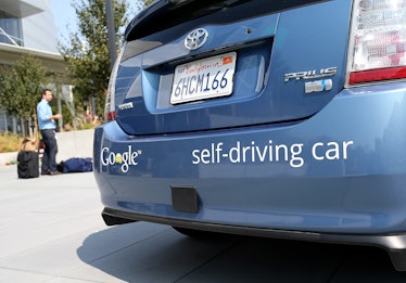MOUNTAIN VIEW, CA - SEPTEMBER 25: A Google self-driving car is displayed at the Google headquarters ...