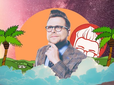An abstract collage with Adam Conover, a road, a sunset and palms illustration