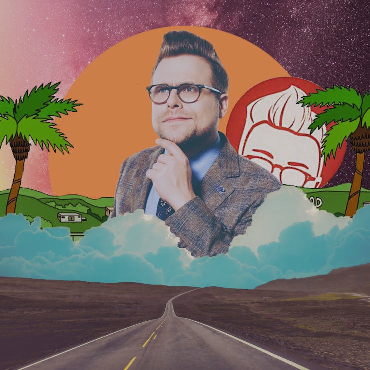 An abstract collage with Adam Conover, a road, a sunset and palms illustration