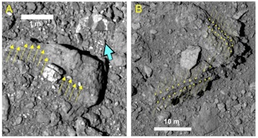 The yellow arrows in these images indicate large, flat boulders that litter Ryugu's surface.