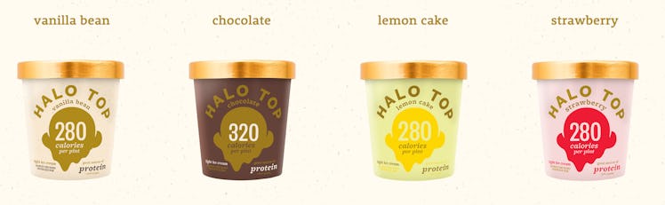 Four Halo Top ice cream containers with different flavors.