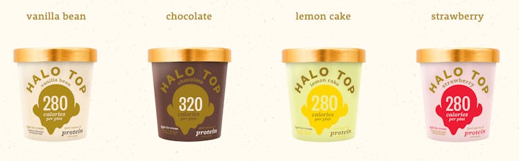 Four Halo Top ice cream containers with different flavors.