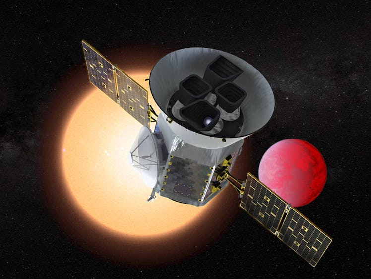 Illustration of the Transiting Exoplanet Survey Satellite (TESS) in front of a lava planet orbiting ...