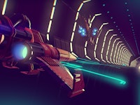 A screenshot from the the video game 'No Man's Sky' with an engine about to take off through a tunne...