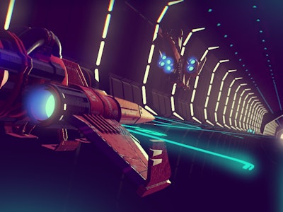 A screenshot from the the video game 'No Man's Sky' with an engine about to take off through a tunne...