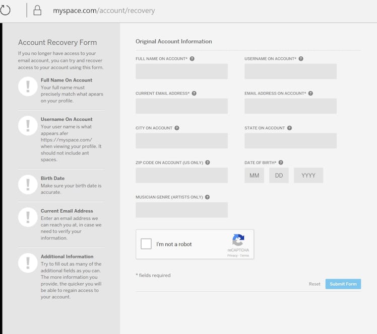 MySpace account recovery form