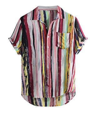 Men's Summer V Neck Shirts Casual Short Sleeves Color Block Stripes