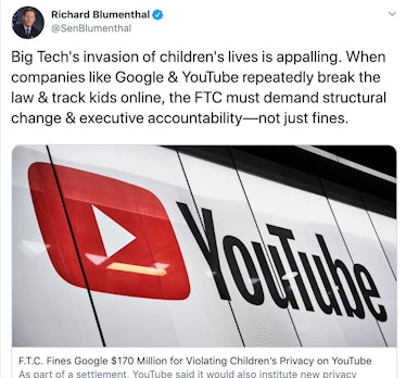 blumenthal google youtube privacy fine ftc