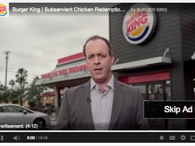 A YouTube video of Burger King subservient chicken redemption