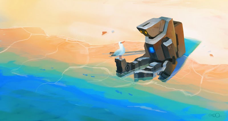 Fiction beach cartoonish illustration of a robot sitting next to the sea while watching a seagull th...