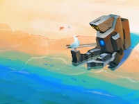 Fiction beach cartoonish illustration of a robot sitting next to the sea while watching a seagull th...