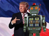 A collage of Donald Trump pointing at an old-styled green robot