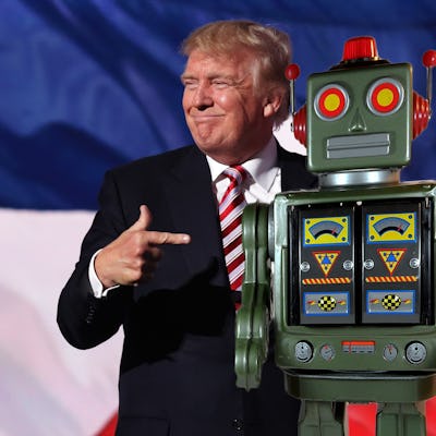 A collage of Donald Trump pointing at an old-styled green robot