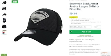 A screenshot of the black Superman hat from SuperHeroStuff -- 'Justice League'
