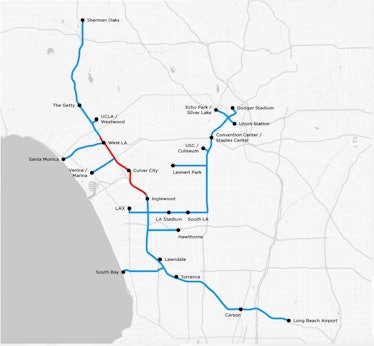 The Boring Company’s initial proof-of-concept tunnel is depicted in red, while the blue lines repres...