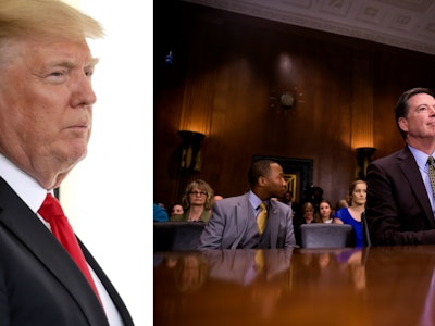 Side by side photos of Donald Trump and James Comey giving his testimony
