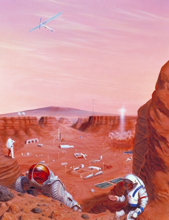 Artist's concept of possible exploration of the surface of Mars.