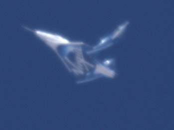 An image of the VSS Unity flying in the 'feather' configuration.