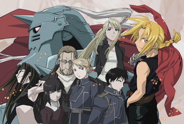 Much of the core cast in the animated 'Fullmetal Alchemist" with Ed on the far-right and Alphonse in...