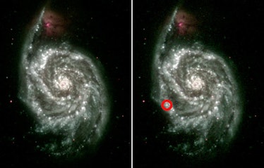 On the left is an ultraviolet composite made from several images of the Whirpool Galaxy (M51) taken ...