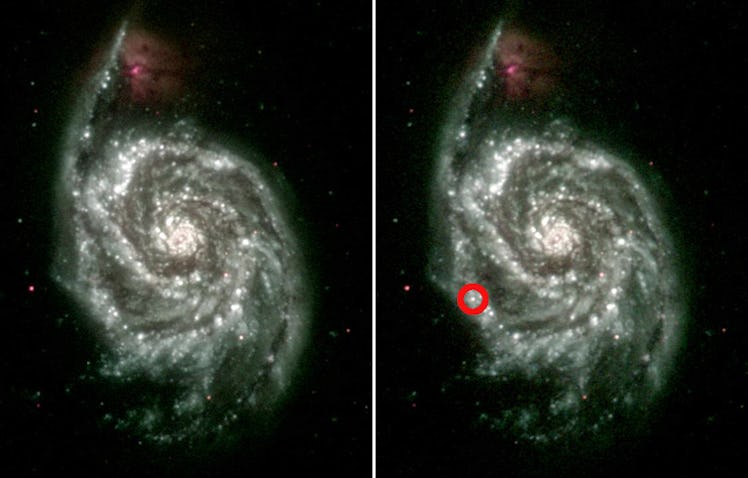 On the left is an ultraviolet composite made from several images of the Whirpool Galaxy (M51) taken ...