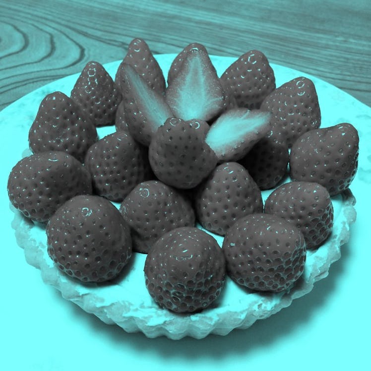 These strawberries are all gray. Your brain just doesn't like that.