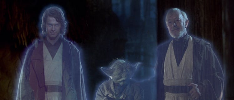 Anakin Skywalker, Yoda, and Obi-Wan Kenobi in Force ghost form at the end of 'Return of the Jedi'.