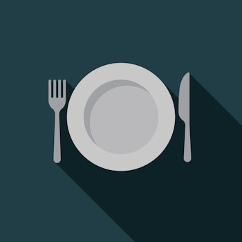 An illustration of a fork, a white plate and a butter knife on a dark teal background