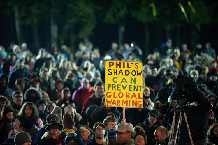 PUNXSUTAWNEY, PA - FEBRUARY 2: The crowd wait for Punxsutawney Phil to come from his den on the 126t...