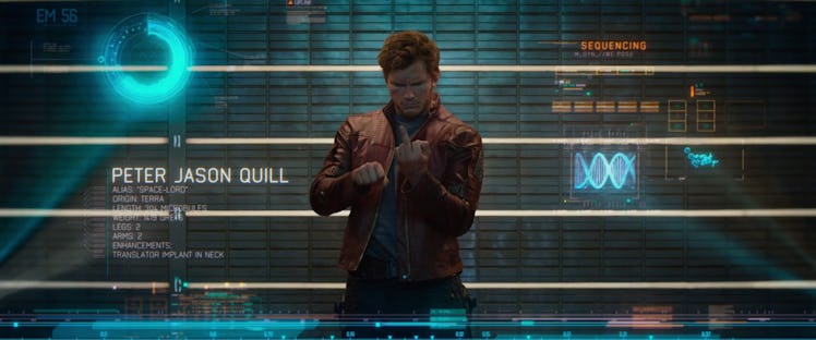 "Guardians of the Galaxy" with one character holding a translator