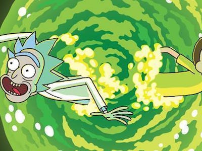Rick and Morty escaping a green spiral in 'Rick and Morty'