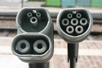 A CCS Combo 2 connector (left) and an IEC Type 2 connector (right).