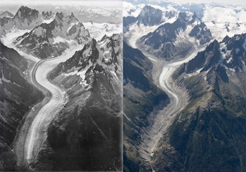 two photos of the same ice-covered mountain, with less ice on the right side