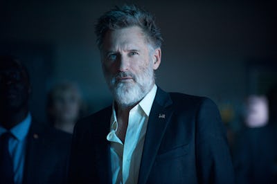 Bill Pullman in an unbuttoned white shirt and black blazer in "Independence Day: Resurgence"