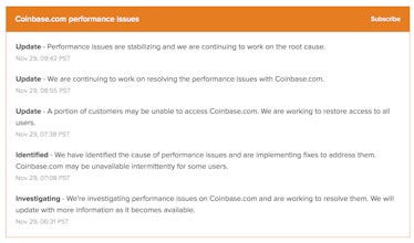 Coinbase's status updates.
