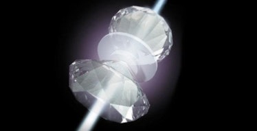 An artist's rendering of metallic hydrogen sandwiched in a diamond vise.