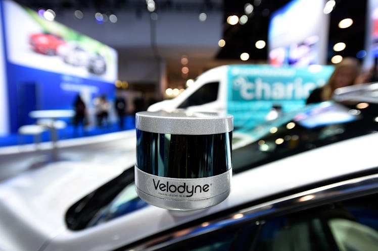 A Velodyne LiDAR sensor mounted on a Ford Fusion autonomous development vehicle at CES 2017.