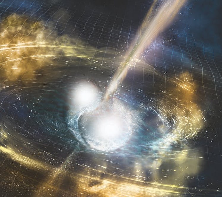 An artist’s depiction of a space warping collision of two merging neutron stars. The ripples represe...