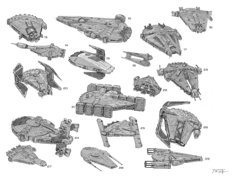 Some unused Falcon designs. I spy some B-Wing and TIE Interceptor bits. 