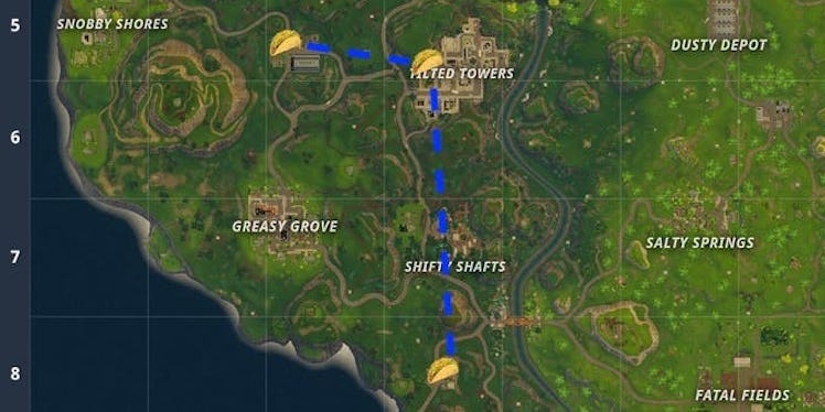 This is the most efficient route to try finishing the Challenge to visit Taco Shops in 'Fortnite'.