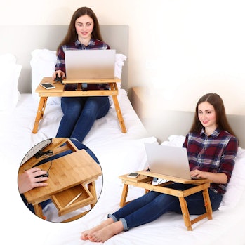 Laptop Desk Nnewvante Table Adjustable 100% Bamboo Foldable Breakfast Serving Bed Tray w' Tilting To...