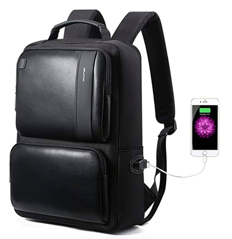 A black backpack with a charger