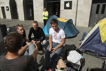 Apple fans from eastern Europe camp out in front of the Berlin Apple store ahead of tomorrow's sales...