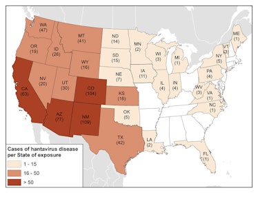 US map showing cases of hantavirus disease per State of exposure