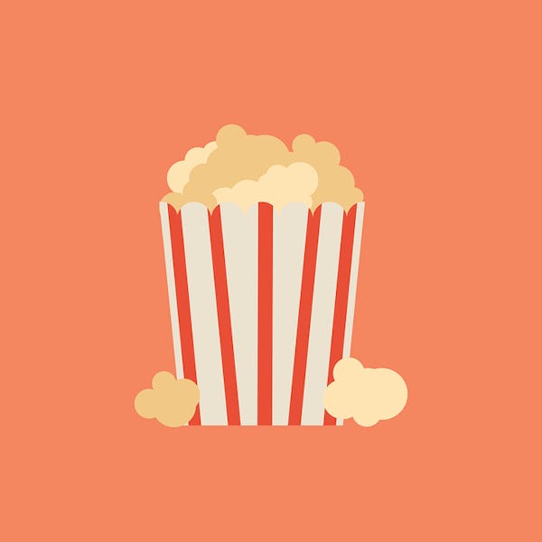 An illustration of a white-red striped popcorn box with popcorn inside of it 
