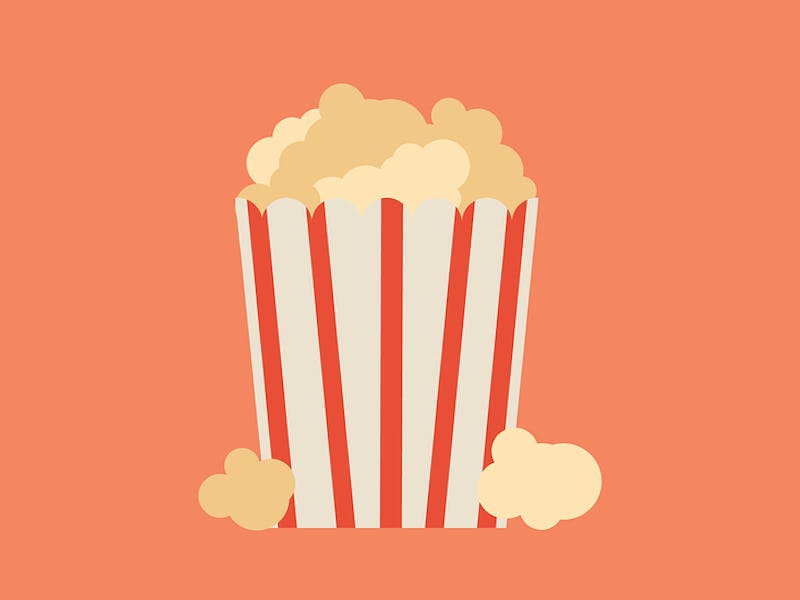 An illustration of a white-red striped popcorn box with popcorn inside of it